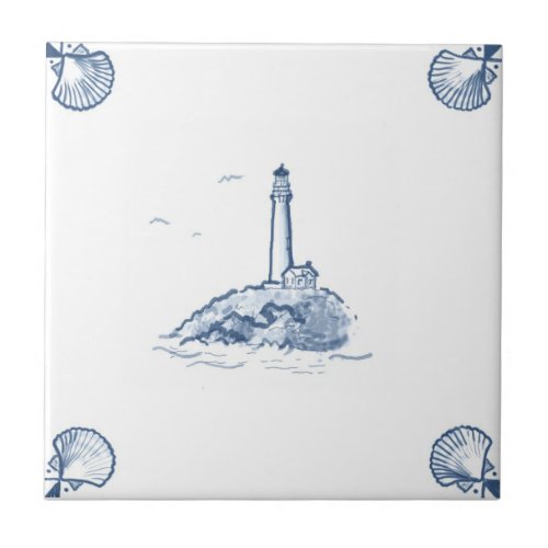 Delft Lighthouse Tile with Shell Corners