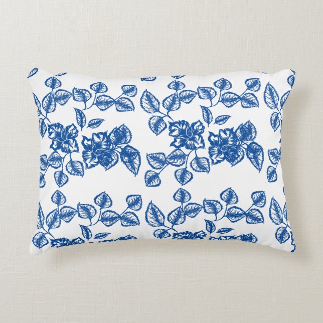 Delft-LIke Blue Floral Print Accent Pillow (Front)