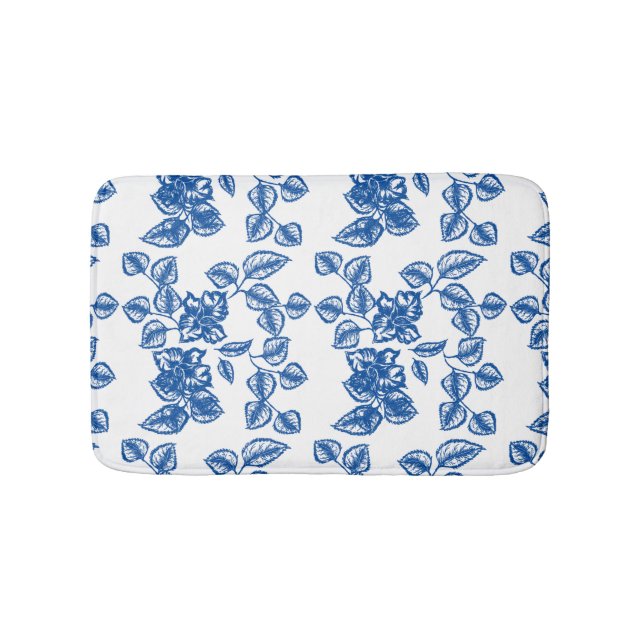 Delft-LIke Blue Floral Print Bath Mat (Front)