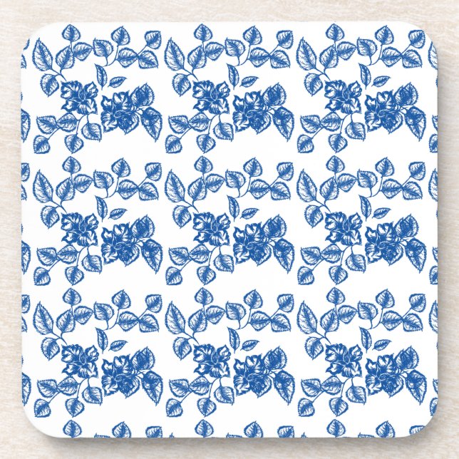 Delft-LIke Blue Floral Print Beverage Coaster (Front)