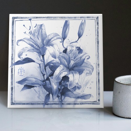 Delft Lily Wall Decor Art Nouveau Watercolor Ceramic Tile