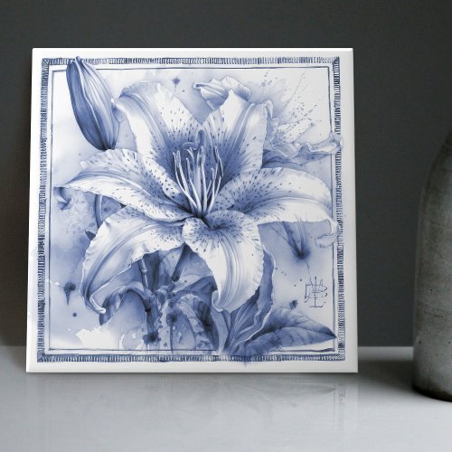 Delft Lily Wall Decor Art Nouveau Watercolor Ceramic Tile