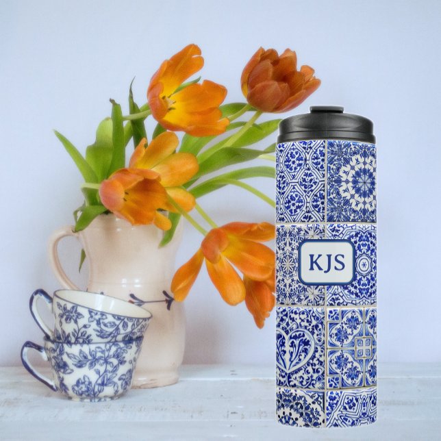 Delft Look Tiles with Your Intials - Pretty Dutch  Thermal Tumbler (Creator Uploaded)