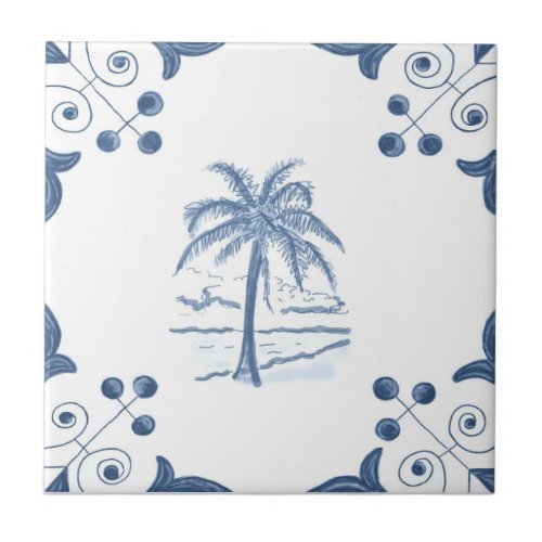 Delft Palm Tile with Scroll Corners