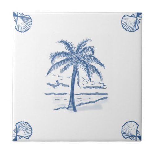 Delft Palm Tree Tile with Shell Corners