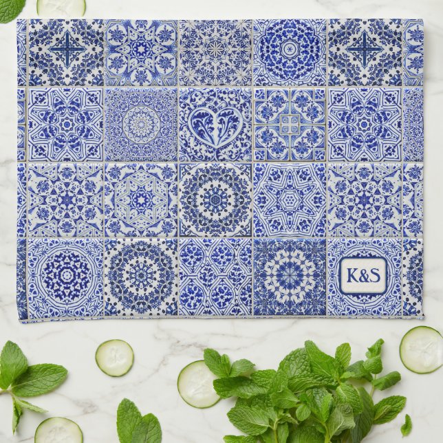 Delft Pottery Look Blue Tiles with their initials  Kitchen Towel (Folded)