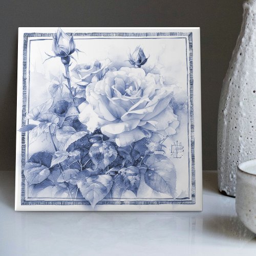 Delft Rose Wall Decor Art Nouveau Watercolor Ceramic Tile