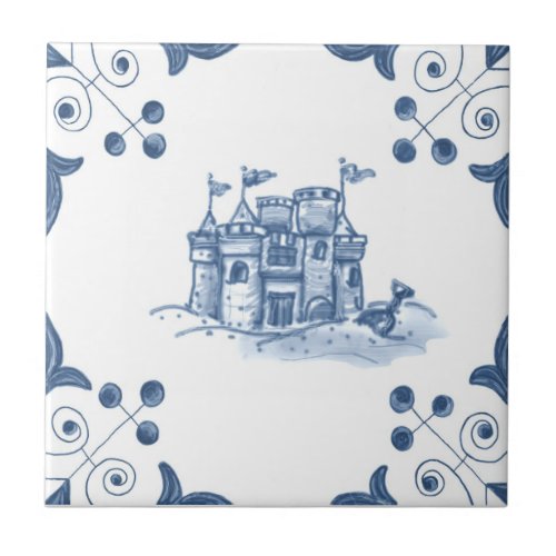 Delft Sandcastle Tile with Scroll Corners