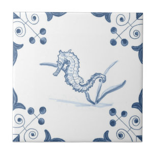 Delft Seahorse Tile with Scroll Corners