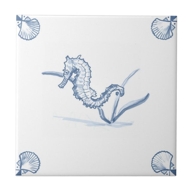 Delft Seahorse Tile with Shell Corners (Front)