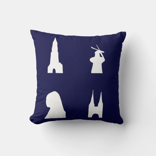 Delft silhouette on blue throw pillow (Front)