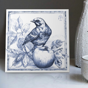 Delft Sparow Apple Art Nouveau Watercolor Decor Ceramic Tile