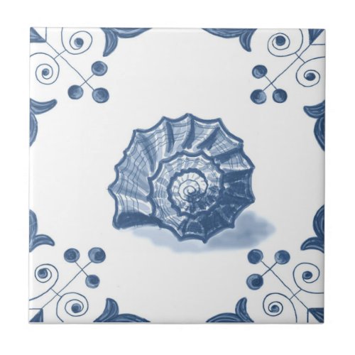 Delft Spiral Shell Tile with Scroll Corners