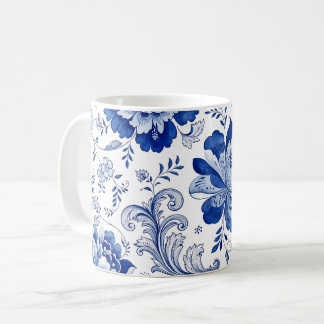 Delft Style Blue White Blossoms Whimsical Fantasy Coffee Mug