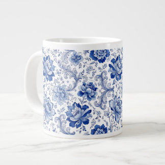 Delft Style Blue White Blossoms Whimsical Fantasy Giant Coffee Mug