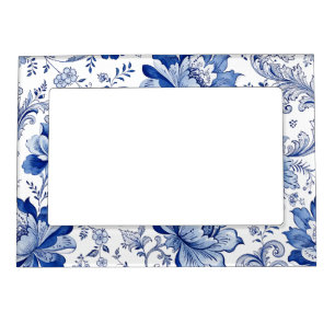 Delft Style Blue White Blossoms Whimsical Fantasy Magnetic Frame