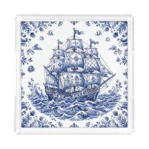 Delft Style Blue White Merchant Ship