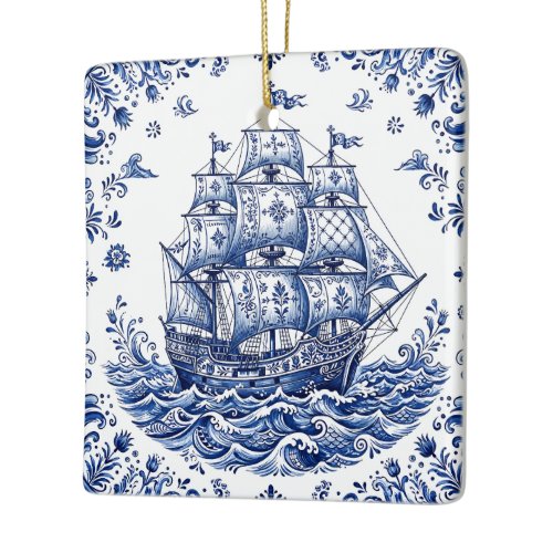 Delft Style Blue White Merchant Ship Ceramic Ornament