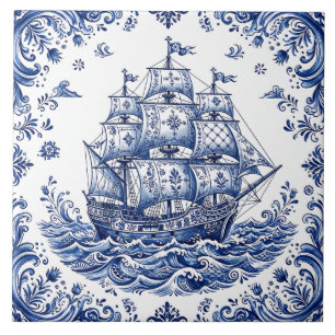 Delft Style Blue White Merchant Ship Ceramic Tile