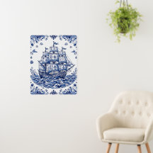 Delft Style Blue White Merchant Ship
