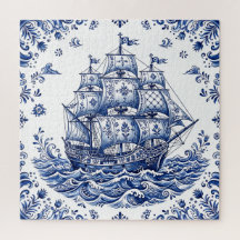 Delft Style Blue White Merchant Ship