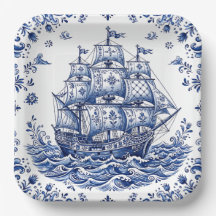 Delft Style Blue White Merchant Ship