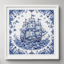 Delft Style Blue White Merchant Ship
