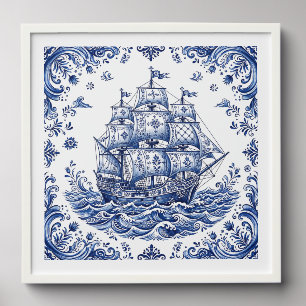 Delft Style Blue White Merchant Ship Peel And Stick Photo Tile