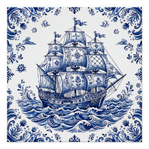 Delft Style Blue White Merchant Ship Poster