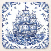 Delft Style Blue White Merchant Ship