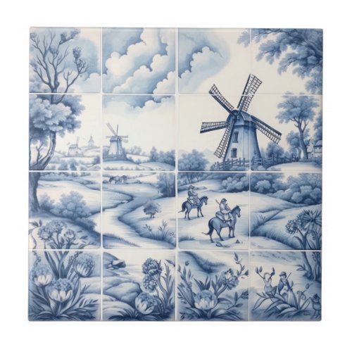 Delft Style Blue White Windmill Tile Pattern