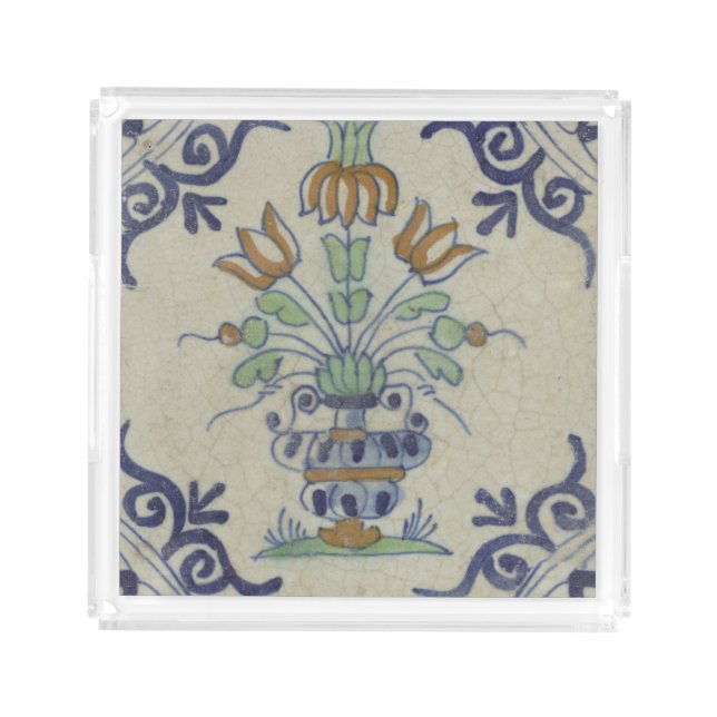 Delft Tile Antique Ceramic Flower Pot  Acrylic Tray (Front)