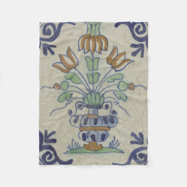 Delft Tile Antique Ceramic Flower Pot  Fleece Blanket (Front)