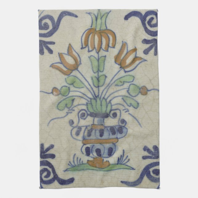 Delft Tile Antique Ceramic Flower Pot  Kitchen Towel (Vertical)