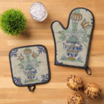 Delft Tile Antique Ceramic Flower Pot  Oven Mitt &amp; Pot Holder Set