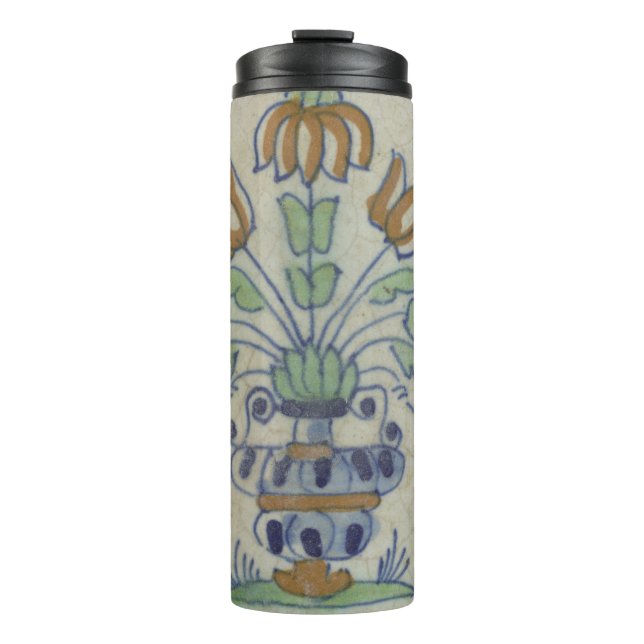 Delft Tile Antique Ceramic Flower Pot  Thermal Tumbler (Front)