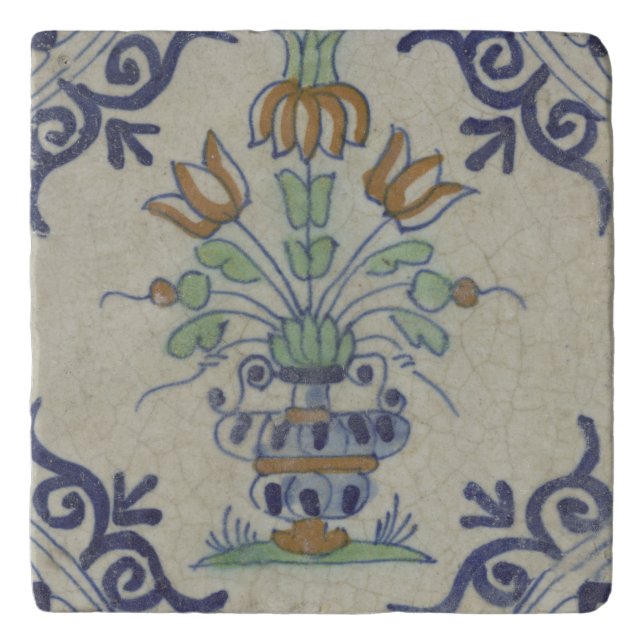 Delft Tile Antique Ceramic Flower Pot  Trivet (Front)