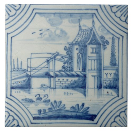 Delft tile showing a drawbridge over a canal 19th