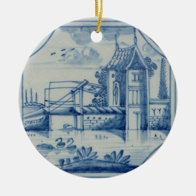 Delft tile showing a drawbridge over a canal, 19th ceramic ornament (Front)