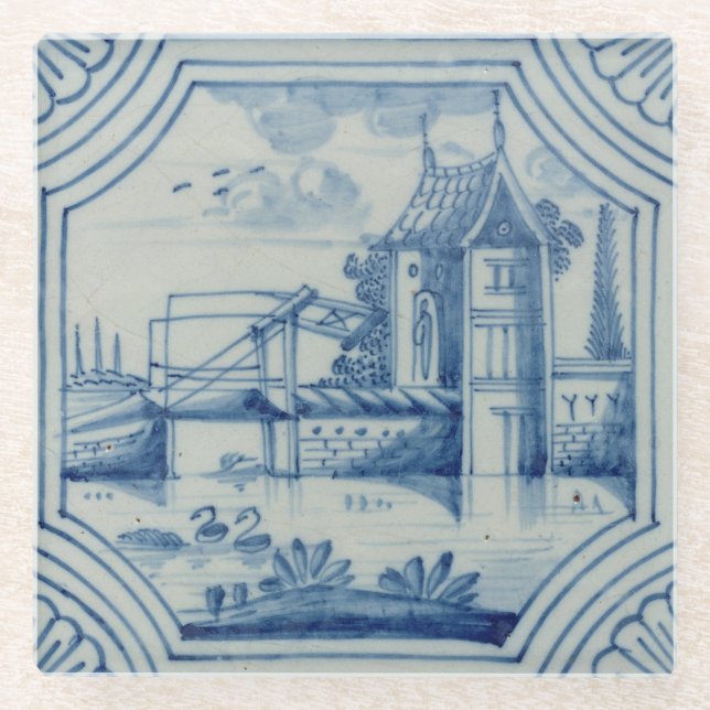 Delft tile showing a drawbridge over a canal, 19th glass coaster (Front)