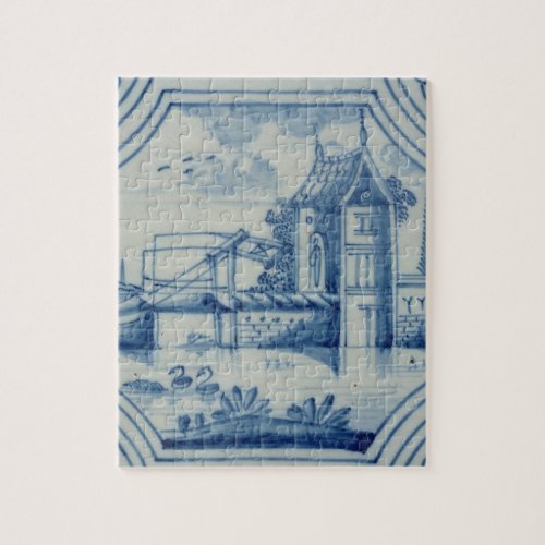 Delft tile showing a drawbridge over a canal 19th jigsaw puzzle