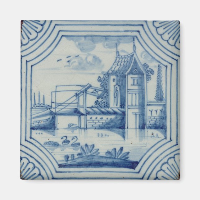 Delft tile showing a drawbridge over a canal, 19th magnet (Front)