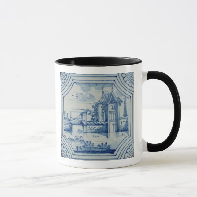 Delft tile showing a drawbridge over a canal, 19th mug (Right)