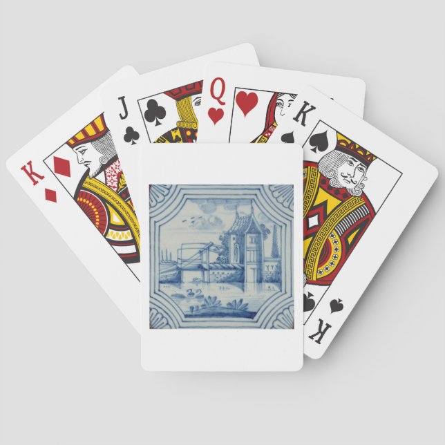 Delft tile showing a drawbridge over a canal, 19th poker cards (Back)