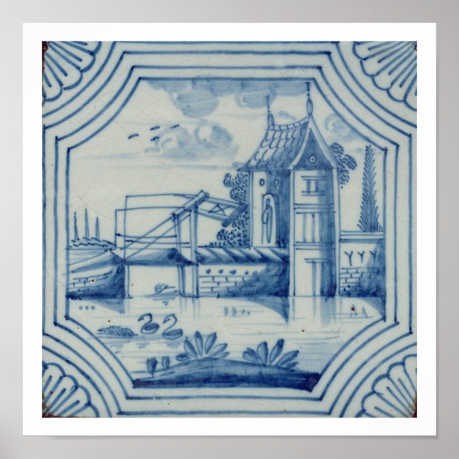 Delft tile showing a drawbridge over a canal, 19th poster (Front)