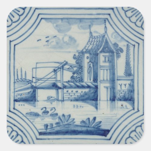 Delft tile showing a drawbridge over a canal 19th square sticker