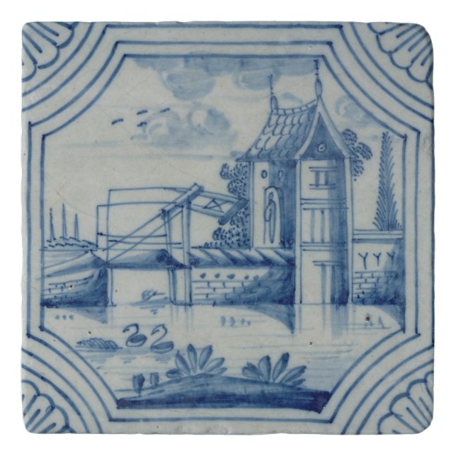 Delft tile showing a drawbridge over a canal, 19th trivet (Front)