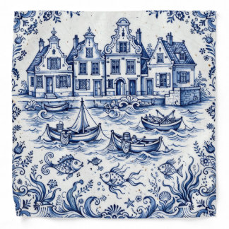 Delft Town & Fishing Harbor Cobalt Blue White  Bandana