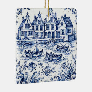 Delft Town & Fishing Harbor Cobalt Blue White Ceramic Ornament