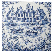 Delft Town & Fishing Harbor Cobalt Blue White